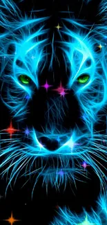 Neon blue glowing tiger with green eyes on a black background.