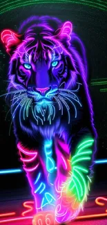 Neon tiger with vibrant colors and futuristic glow on a dark background.