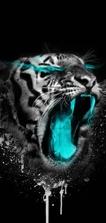 Neon blue tiger roar on black background for mobile wallpaper.