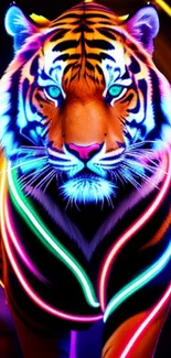 Bright neon tiger with glowing stripes in vibrant colors.