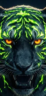 A vibrant neon green tiger with glowing stripes and fierce orange eyes.