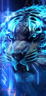 Neon tiger with electric blue light on dark background wallpaper.