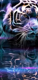 Neon tiger reflected in water, digital art.