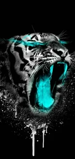 Striking neon tiger with turquoise accents on a black background.