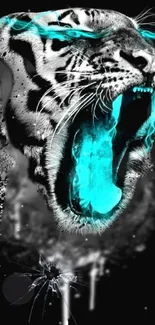 Neon cyan roaring tiger with abstract splatter on black background.