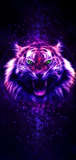 Neon tiger head with purple glow and green eyes on a black background.