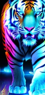 Vibrant neon tiger in a colorful and dynamic design for mobile wallpaper.