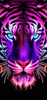 Bright neon tiger illustration with purple and pink hues on a dark background.
