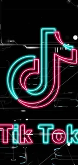 Neon TikTok logo on a black background, vibrant mobile wallpaper.