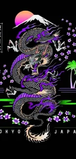 Neon Tokyo dragon with cherry blossoms and palm over black background.