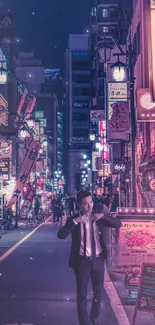 Neon-lit Tokyo street at night with vibrant signs and a suited man walking.