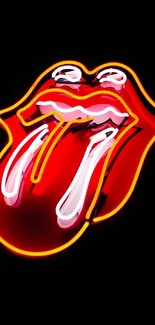 Vibrant neon tongue design, glowing in red and yellow against a black background.