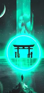 A glowing teal Torii gate over a moonlit ocean, surrounded by a night sky.