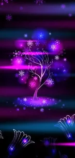 Neon tree with glowing purple and pink lights on a black background.