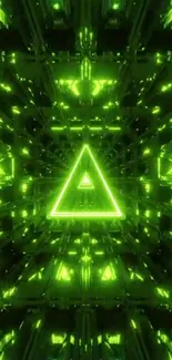 Futuristic neon triangle with green abstract lights.