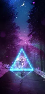 Astronaut under a neon triangle in a cosmic night forest.