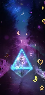 Vibrant neon triangle astronaut in starry forest wallpaper.