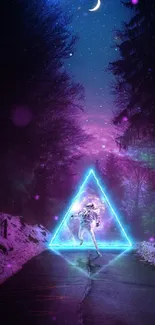 Astronaut with neon triangle in mystical forest