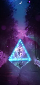 Astronaut in neon triangle on forest path.