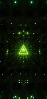 Neon green triangle with digital pattern on dark background.