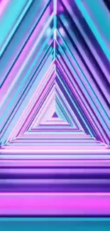 Neon triangle geometric art with purple and blue hues forming a tunnel pattern.