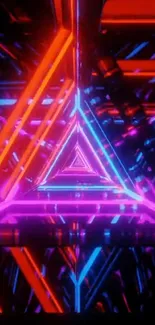 Vibrant neon triangle geometric wallpaper in red, blue, and purple hues.