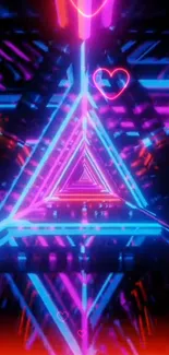 Neon triangle and heart wallpaper with glowing blue and pink lights.