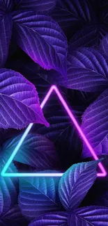 A vibrant neon triangle among purple leaves.