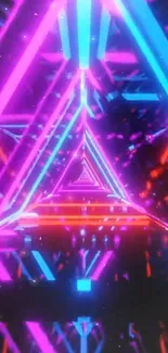 Neon triangle light tunnel with vibrant colors.