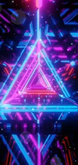 Neon triangle light tunnel with vibrant blue and pink hues.