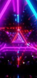 Vibrant neon triangle light wallpaper featuring purple, pink, and blue colors.