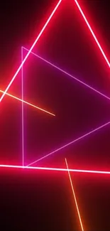 Neon triangle wallpaper with glowing red, pink, and orange geometric lines.