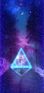 Neon triangle portal in a starry nightscape with vibrant colors.