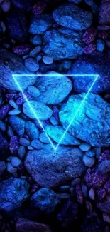 Neon blue triangle on textured rocks wallpaper.