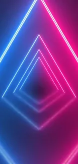 Neon triangle design with pink and blue lights on a smartphone wallpaper.