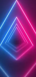 Neon triangle design with vibrant pink and blue lights on dark background.