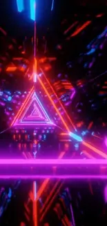 Neon triangle abstract wallpaper with vibrant pink, blue, and red lights.