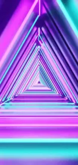 Neon triangle tunnel with vibrant purple and teal lighting.