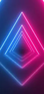 Neon triangle tunnel with blue and pink lights creating depth.