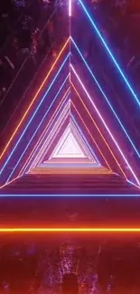 Neon triangle tunnel with glowing blue and orange lights, creating a futuristic vibe.