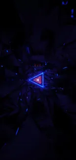 Abstract neon triangle wallpaper with dark blue vortex.