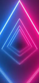 Neon triangle pattern with pink and blue lights on a dark background.