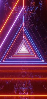 Vibrant neon triangle abstract wallpaper with red and blue lights.