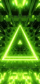 Vibrant neon green triangular abstract wallpaper with 3D effect.