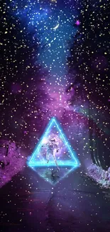 Futuristic neon triangle in cosmic scene with stars.