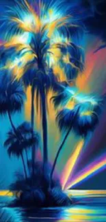 Vibrant neon palm trees on a tropical island.