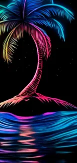Neon palm tree and ocean under night sky.