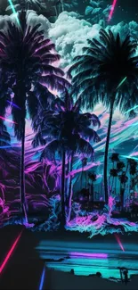 Neon palm trees with vibrant colorful sky in a tropical landscape.