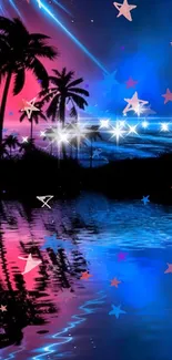 Neon tropical palm trees reflecting on calm blue waters at night.