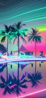 Neon tropical scenery with palm trees at sunset reflection.